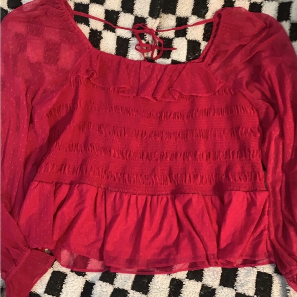 Red Square Neck Smocked Blouse - Picture 1 of 4
